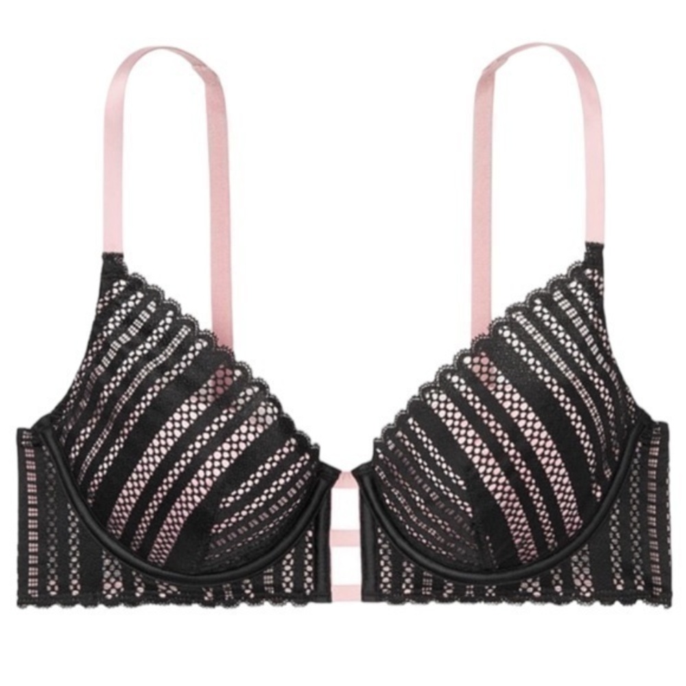 Victoria’s Secret Lined Plunge Bra with Removable Pads - Black Pink, Sexy Lace